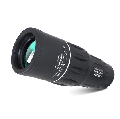 Black 16x52 high-power monocular with roof prism design and green lens coating.