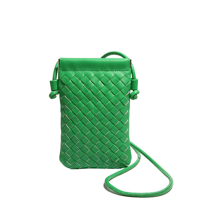 Vintage weave crossbody phone bag in pu leather showing vertical square design and dark cell interior