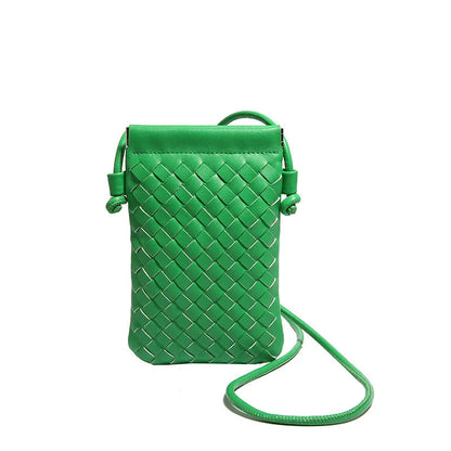 Vintage weave crossbody phone bag in pu leather showing vertical square design and dark cell interior