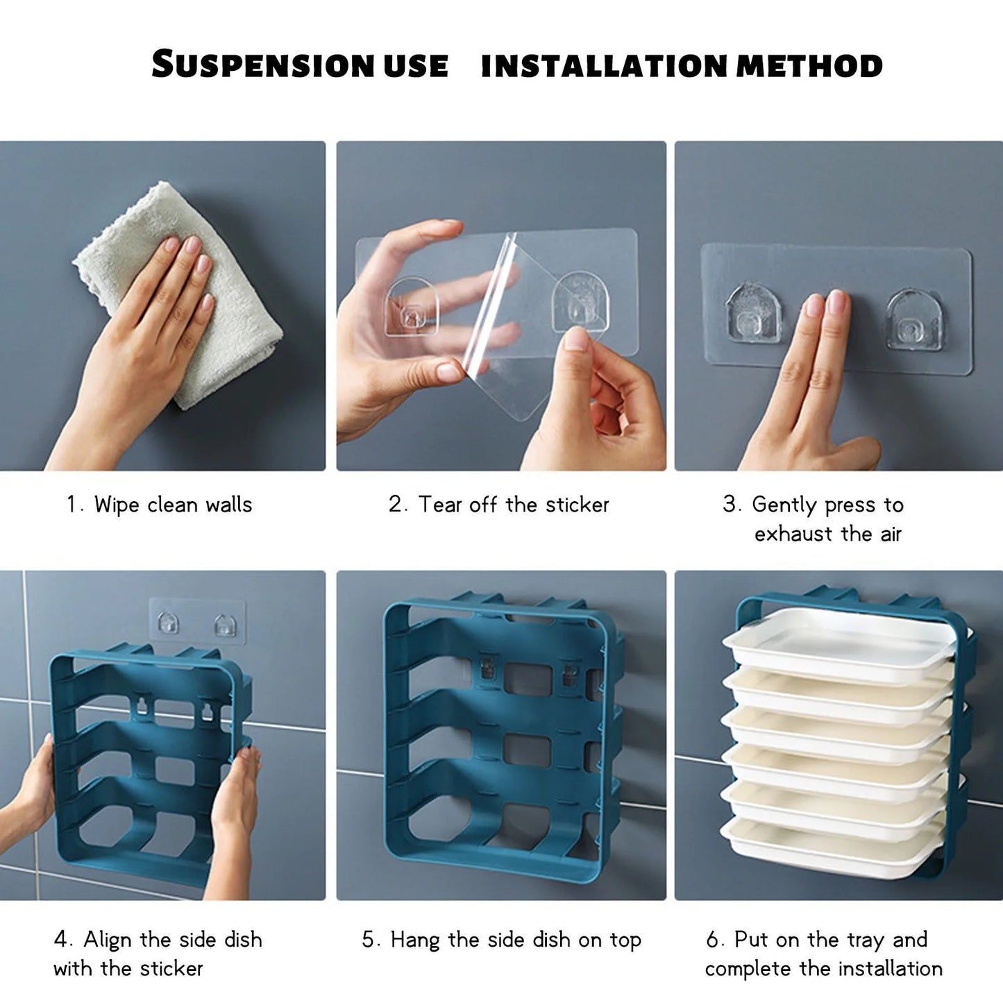 Wall-mounted kitchen shelf with stackable trays in navy blue, white, and coffee colour options
