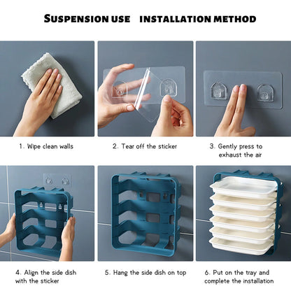 Wall-mounted kitchen shelf with stackable trays in navy blue, white, and coffee colour options