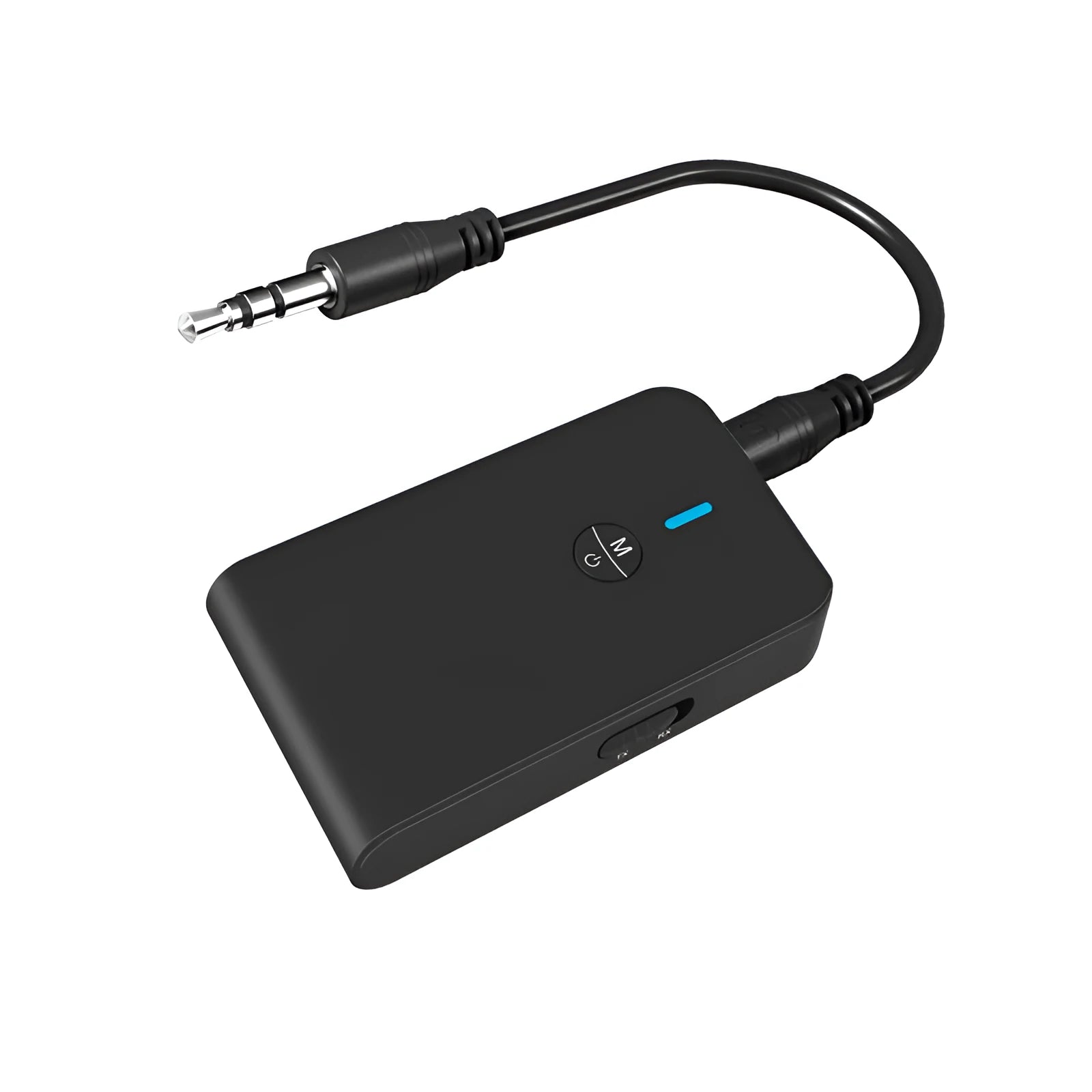 Black Bluetooth audio adapter with 3.5mm AUX cable for wireless music streaming.