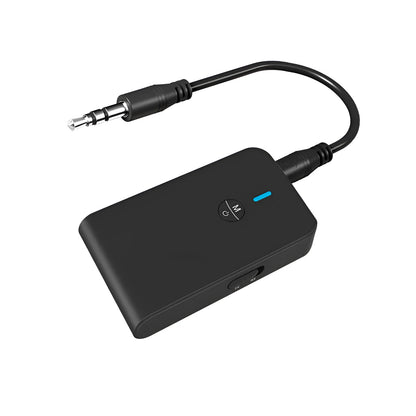 Black Bluetooth audio adapter with 3.5mm AUX cable for wireless music streaming.