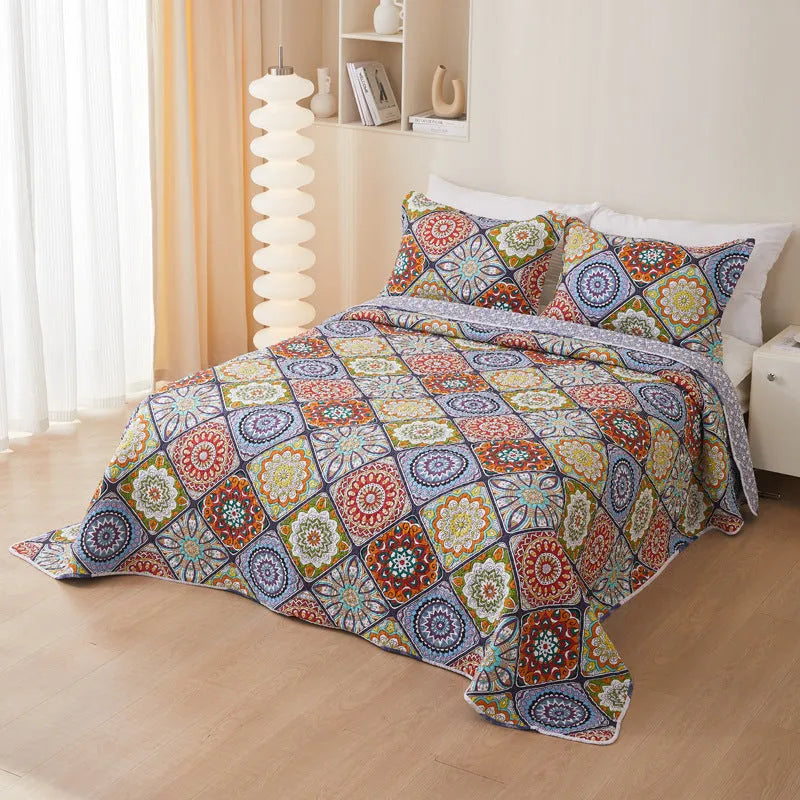 Pure cotton twill quilted bedspread three piece set with reactive printed floral pattern