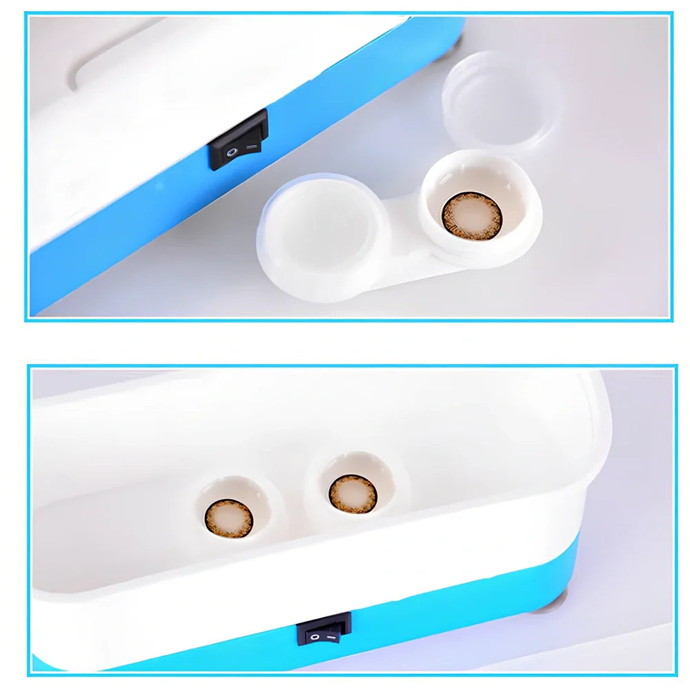 Blue analog ultrasonic cleaner measuring 17x6x8cm with four suction cups and battery compartment