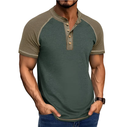 Men's short sleeve top with colour block design showing contrasting colour panels and raglan sleeves