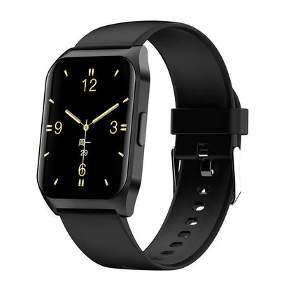 Black smart watch with 1.69-inch screen and silicone strap on a wrist, displaying a heart rate graph.