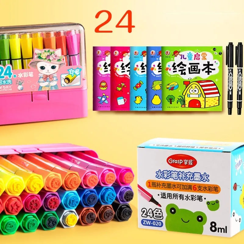 Safe non-toxic washable painting brush set with hexagonal rods in blue, pink or yellow