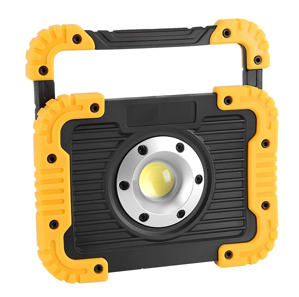 LED camping lantern with rotatable support showing USB ports and battery indicator