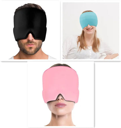 Black elastic cloth gel cold compress eye mask for headache relief on a grey background.