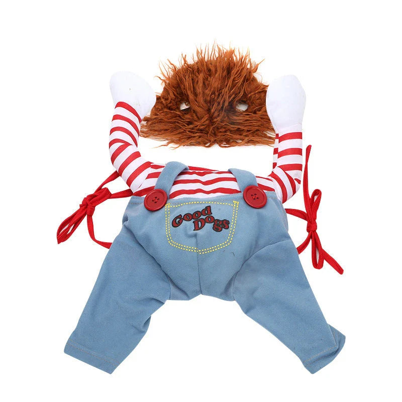 A spooky and adorable Halloween costume for dogs, featuring a menacing mask, ominous accessories, and adjustable design for a comfortable fit.