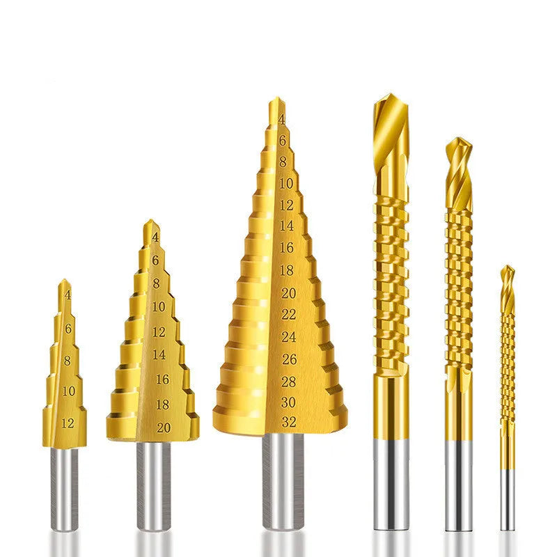 High-speed steel cone drill bit and centre punch set with step drill bits for metalworking, including 3-13mm, 4-32mm, and combination sets in straight or spiral groove styles with a serrated drill option, available in multiple colour-coded versions.