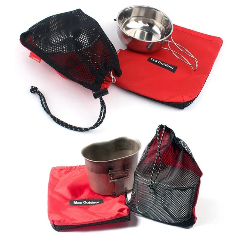 Red five-piece outdoor travel storage bag set with zipper closures and mesh sections