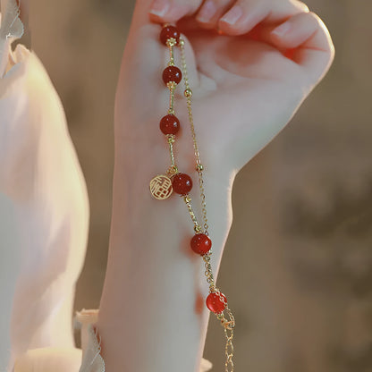 Red agate blessing card and horse charm double layer bracelet in gift box