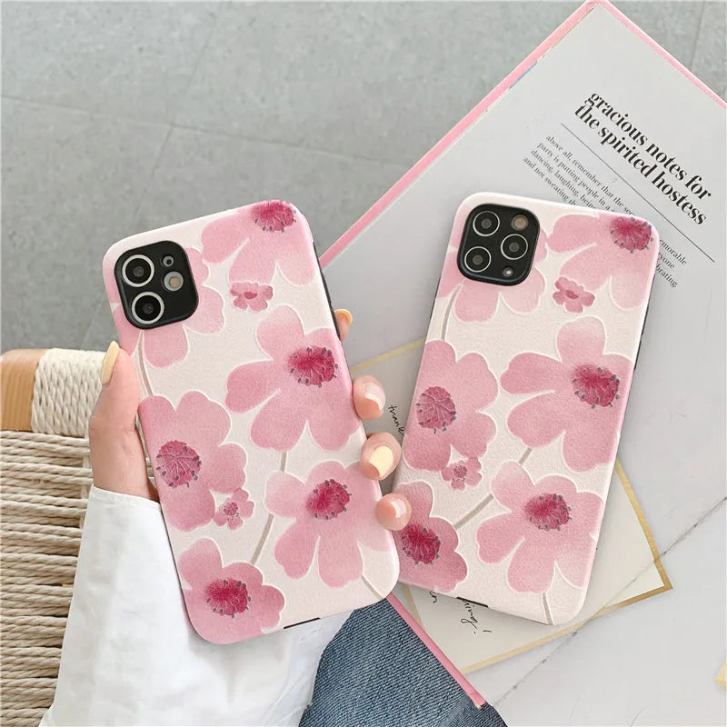 Pink soft rubber flower phone case for iPhone with lanyard hole
