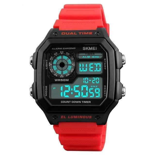 Skmei Men's Digital Sports Watch Waterproof 5BAR Chronograph Alarm Dual Time Date LED Display 43mm Rubber Case PU Strap Outdoor Student Wristwatch