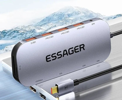 11-in-1 USB-C expansion dock with Gigabit Ethernet port and 20cm cable showing multiple connection interfaces
