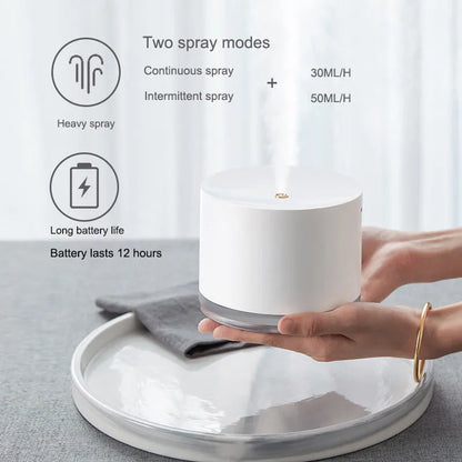 White portable ultrasonic humidifier with LED light and USB charging port on a wooden surface.