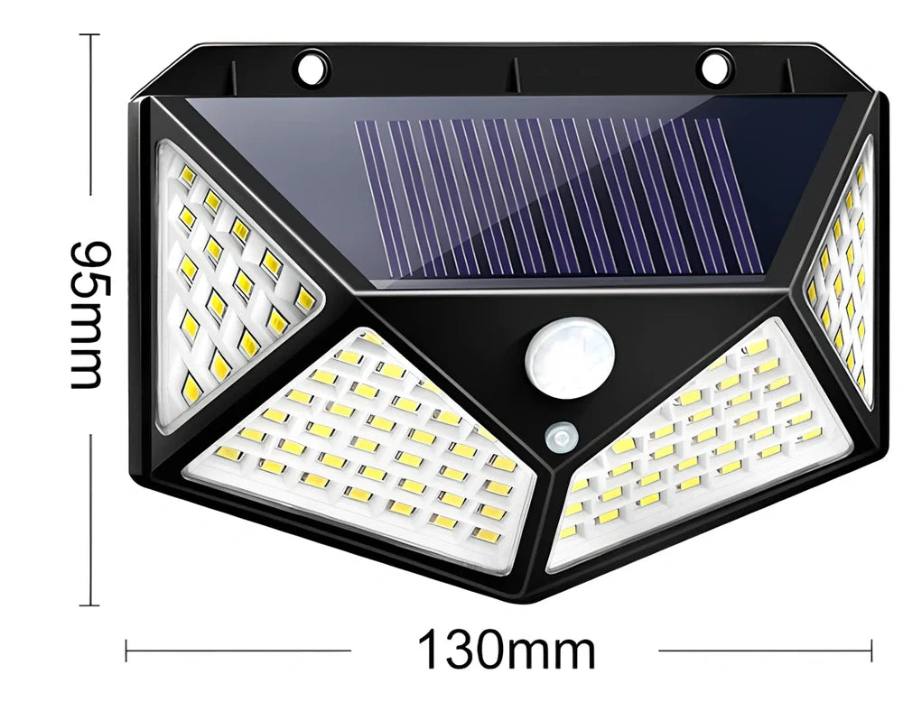Solar-powered motion sensor wall lamp with 100 LED lights measuring 13x9.5x5cm