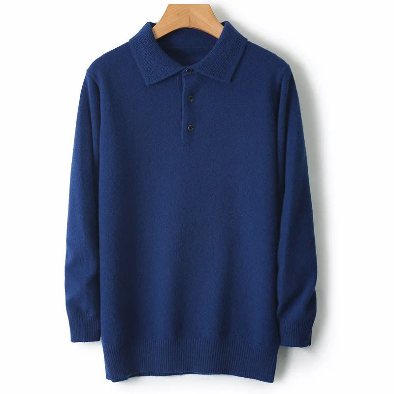 Men's woolen polo collar pullover sweater in seven colour options with long sleeves and textured stitching details