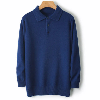 Men's woolen polo collar pullover sweater in seven colour options with long sleeves and textured stitching details