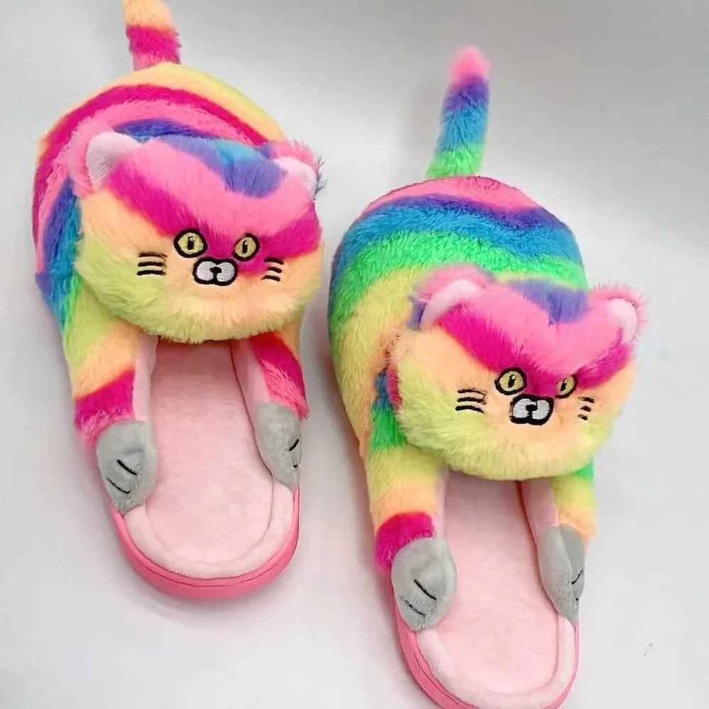 Blue cat pattern cotton slippers with 1.5cm heel and non-slip soles for UK sizes 35-43