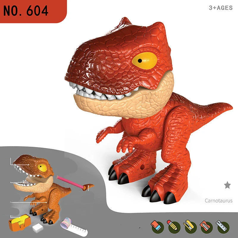 Transformative dinosaur-themed stationery set with movable joints and integrated school supplies