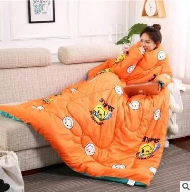 Cozy heated blanket with sleeves for comfortable lounging and hands-free relaxation