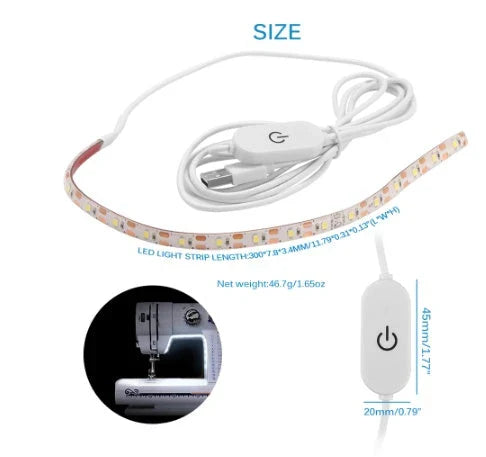 Customizable sewing machine LED light bar with touch-sensitive dimming controls for precise illumination