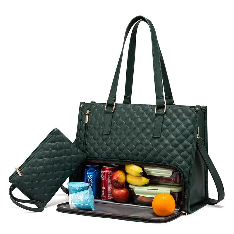 Women's quilted insulated lunch tote bag with laptop compartment and matching wallet in seven colour options