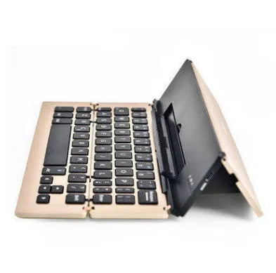 Foldable aluminium wireless Bluetooth keyboard for smartphones and tablets, available in Gold, Rose Red, Silver, and Space Grey.