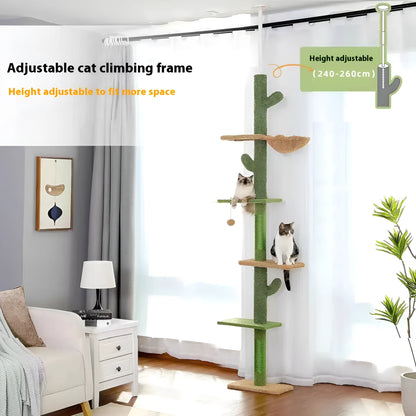 Tall natural wood cat climbing frame with integrated scratching board and enclosed cat nest