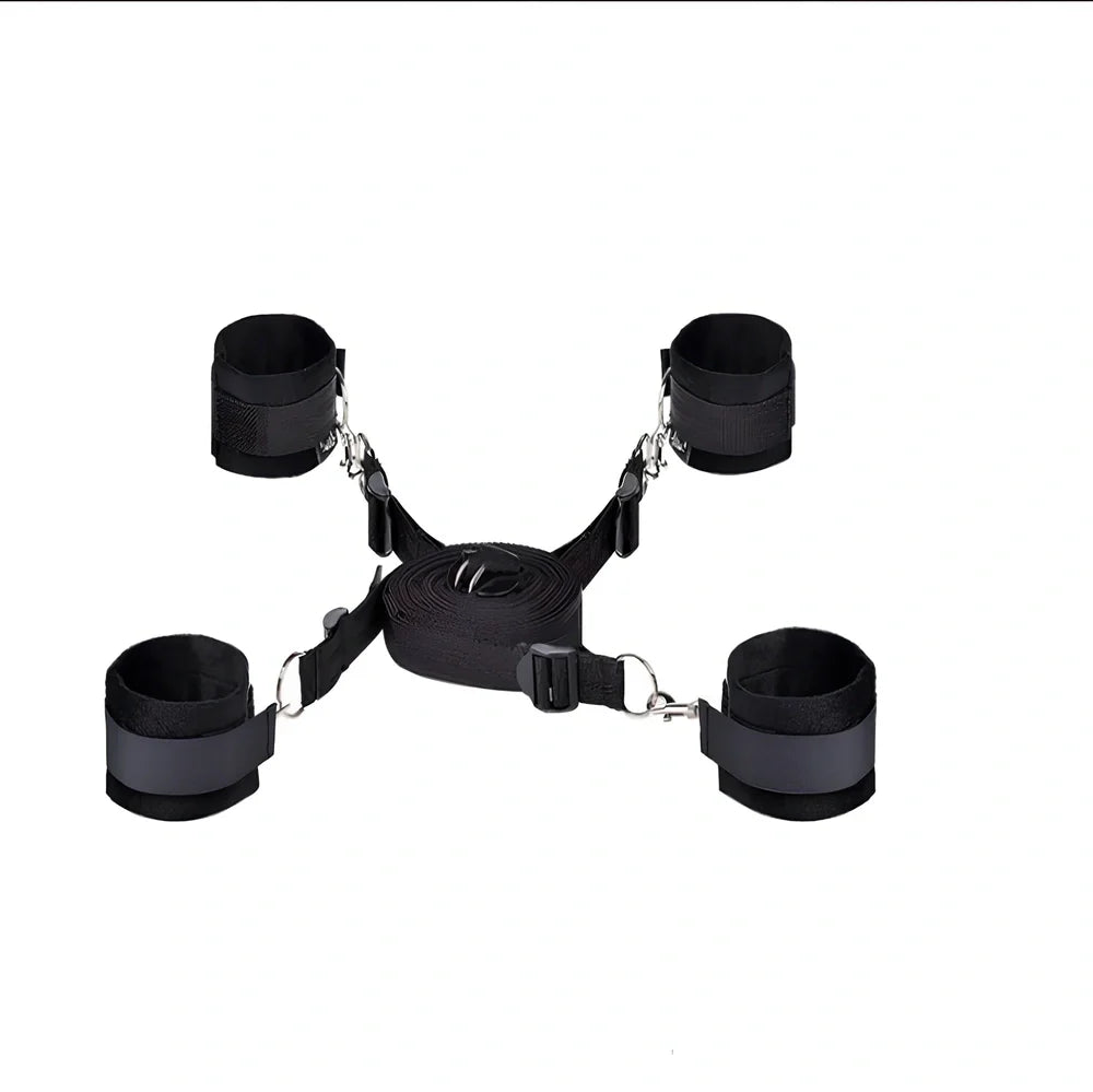 Red 8-piece plush bondage set including padded handcuffs, shackles, collar, 5m rope, and leather whip weighing 465g