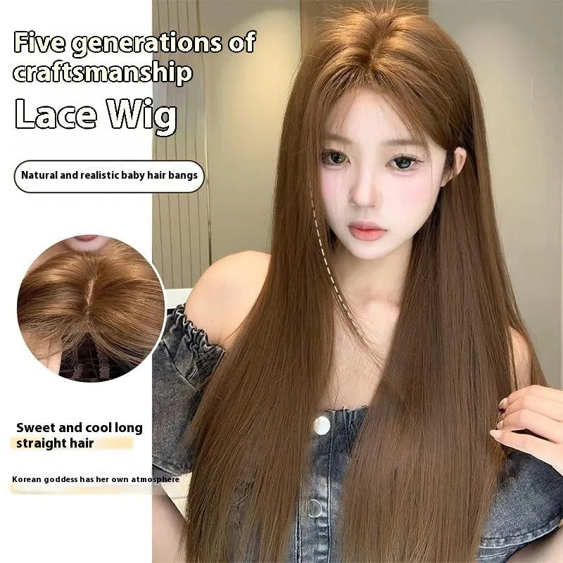 Warm brown long straight lace front wig with centre-parted bangs