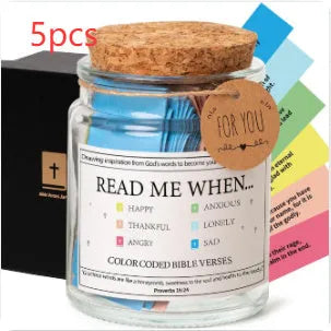Glass Bible verses jar with cartoon design containing 90 rolled scripture papers in multiple colour options