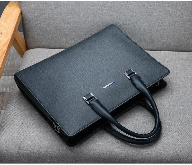 Men's one-shoulder PU leather business briefcase, large blue or black horizontal square zip handbag