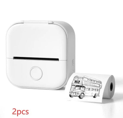 Compact Bluetooth-enabled thermal label printer in white, pink, and green colors with various label options