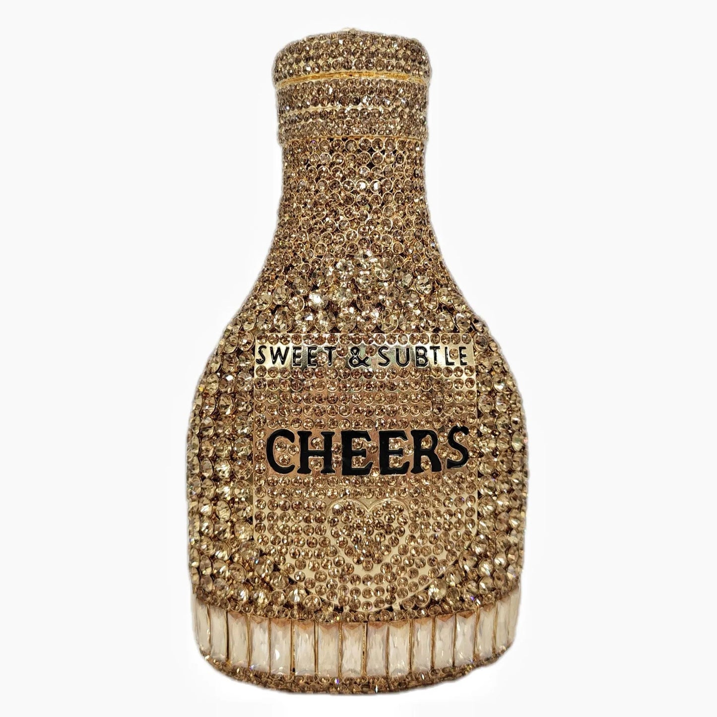 Gold hard-shell clutch bag shaped like a champagne bottle with a synthetic leather interior.