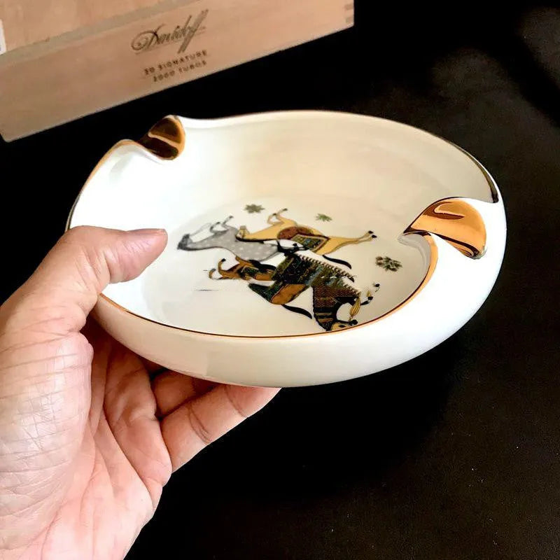 Cigar special ashtray handmade from bone ceramic with gold drawing finish measuring 175mm by 175mm, a dedicated cigar ashtray featuring a delicate texture and easy clean surface for cigar enthusiasts
