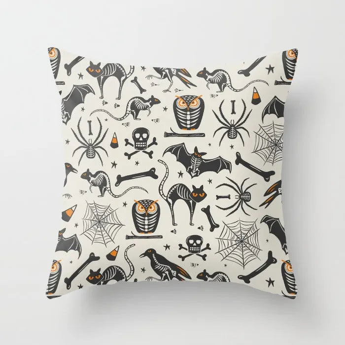 Halloween-themed cartoon print cushion cover on a sofa, 45x45 cm size.