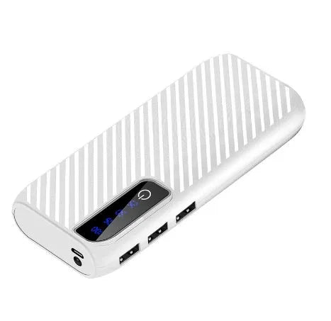 20000mAh mini power bank in black with dimensions 142x64x23mm showing dual USB ports