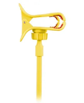 Black flexible long arm phone holder with V-clip gripping a smartphone, bent to position screen for bedside viewing.