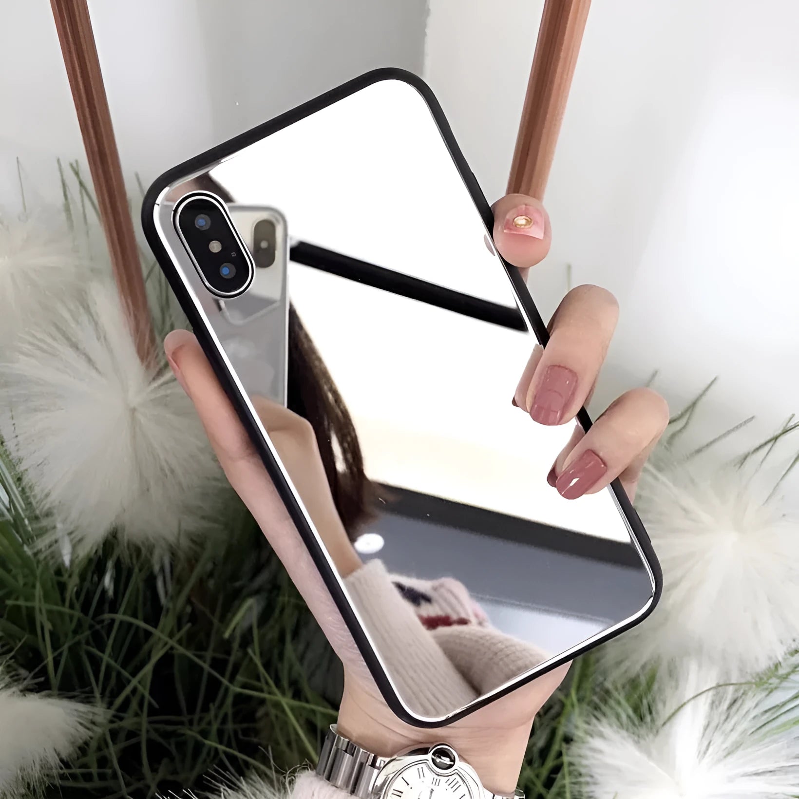 Black mirror phone case for iPhone with built-in self-timer mirror, made from TPU and PC materials