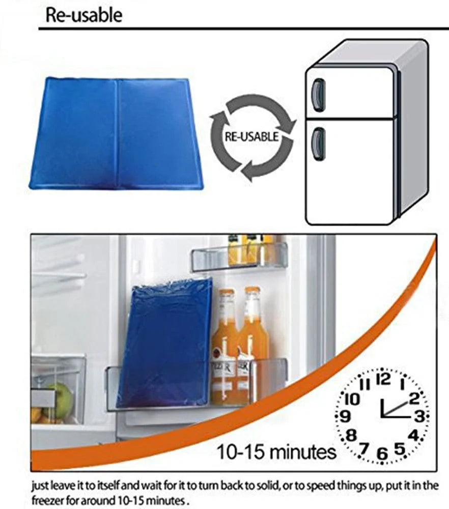 Blue dog cooling mat with pressure-activated ice crystal technology for summer heat relief