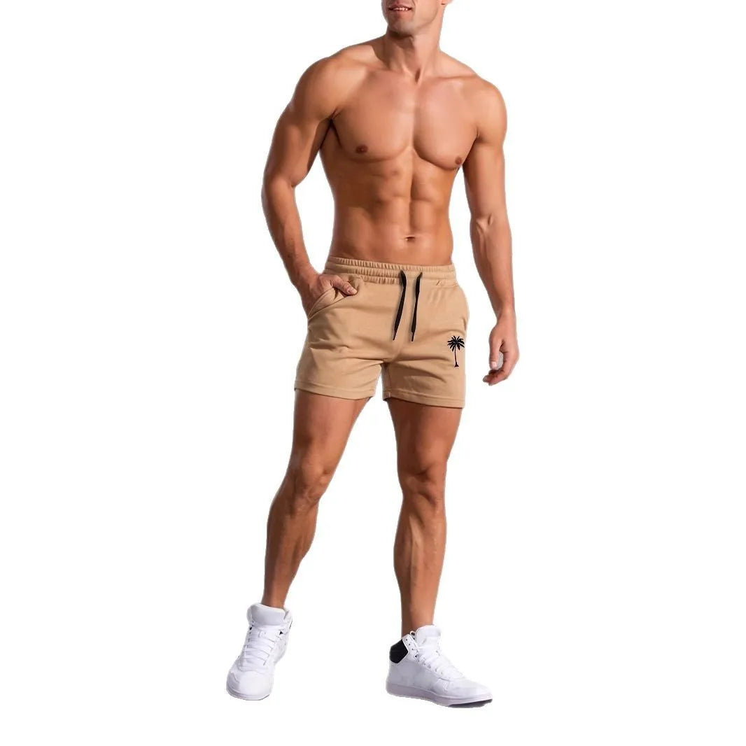 Men's khaki coconut print sports shorts with straight leg and elasticated waistband