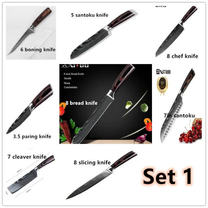 Professional chef knife with laser-etched Damascus pattern on 7Cr17 steel blade and coloured wood handle.