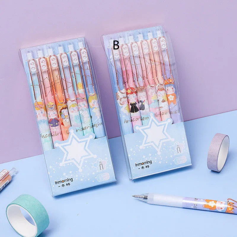 Six Lisa's Secret Constellation press gel pens showing 0.5mm tips and star pattern designs on plastic barrels