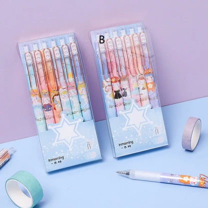 Six Lisa's Secret Constellation press gel pens showing 0.5mm tips and star pattern designs on plastic barrels