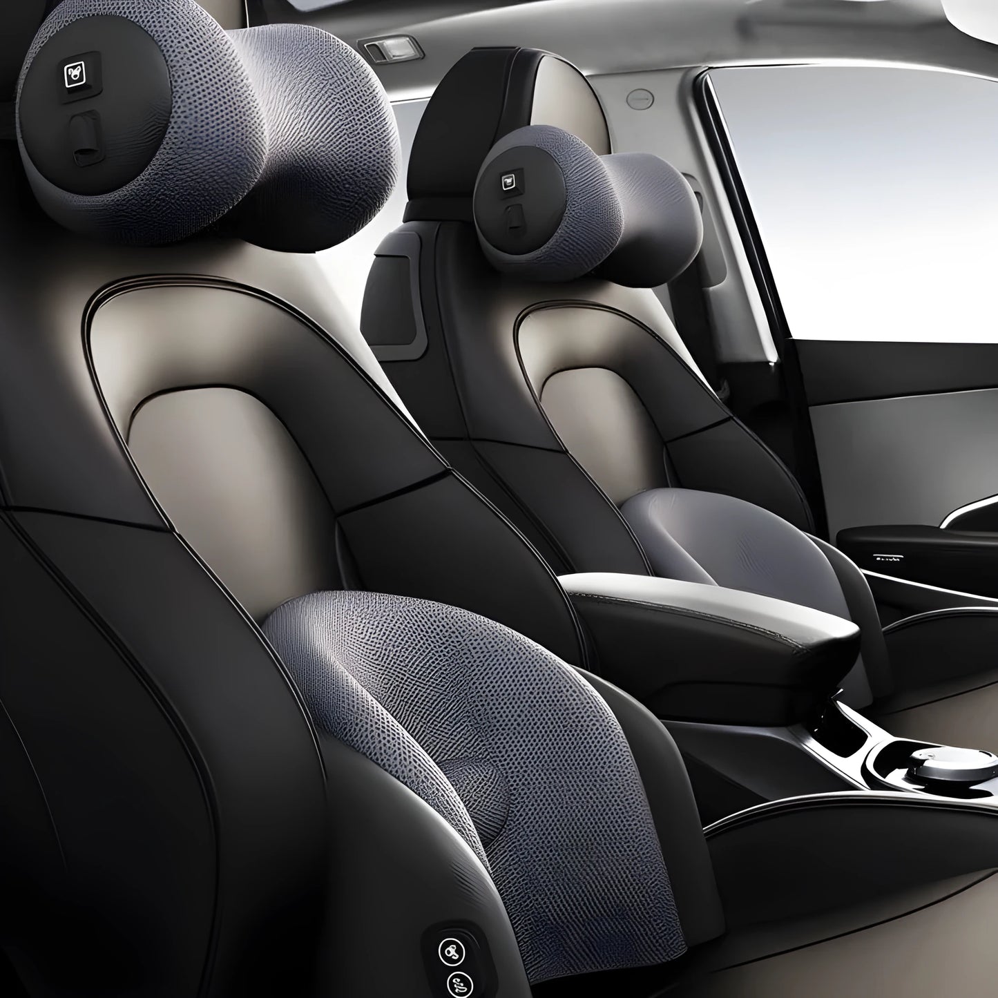 Black car massage cushion with headrest and lumbar support on a car seat, showing wired controller.