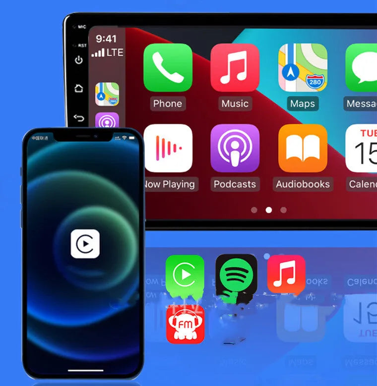 Black 9-inch wireless CarPlay adapter and GPS unit with a capacitive touch screen.